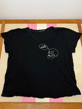 🍕 Brandy Melville Pizza Skull Graphic T-Shirt Black OS Y2K 2010s